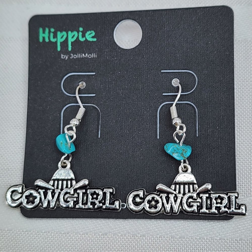 HIPPIE Silver Tone Cowgirl Western Statement Earrings Dangle Drop NWT